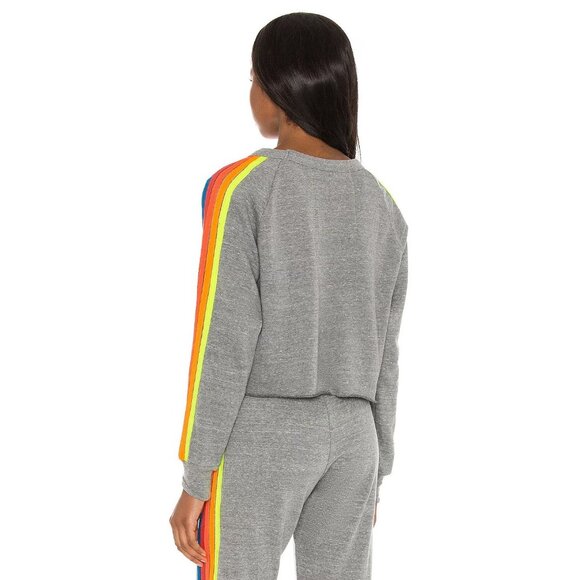 AVIATOR NATION Grey Neon Rainbow Bolt Embroidery Fleece Crop Sweatshirt, Size M - Picture 3 of 16